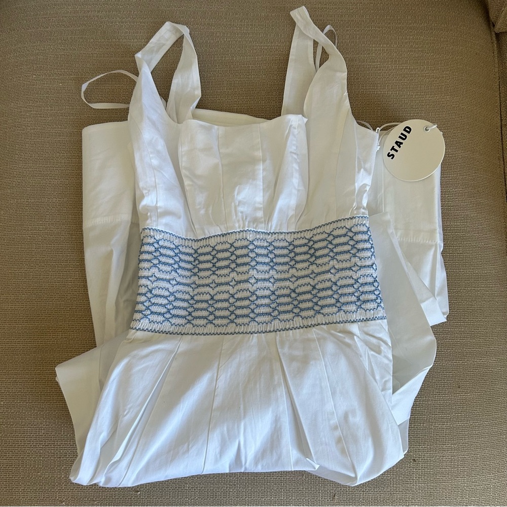 NWT STAUD Rig Embroidered Midi Dress - White Blue Cotton Cocktail - Picture 6 of 10